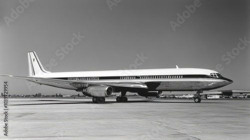 Vintage passenger airplane on runway in black and white