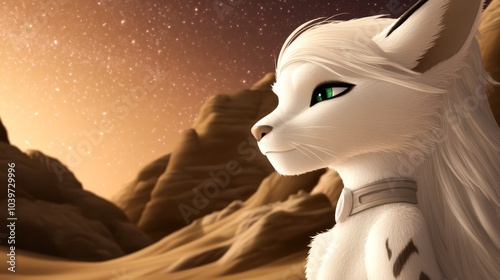  A white feline with green eyes poses before a desert backdrop Rocks dot the terrain, and above, a star-filled sky unfolds