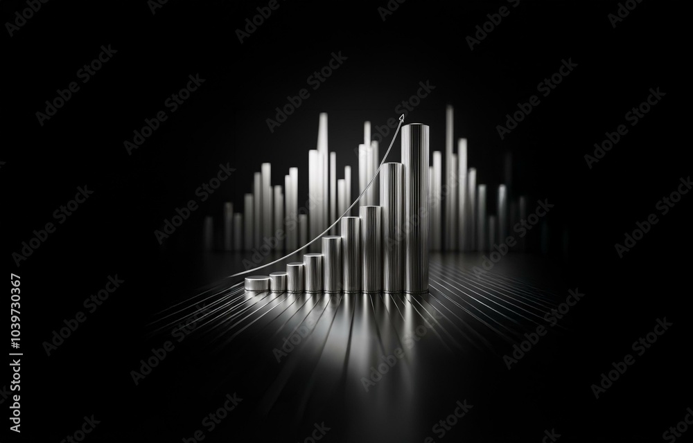 A chrome bar graph shows upward growth, rising above a field of similar bars. A chrome bar graph shows upward growth, rising above a field of similar bars.