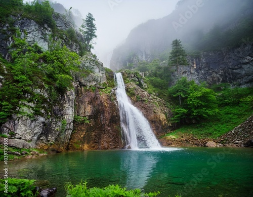 Una cascada desde gran altura, entre rocas y follaje verde, desembocando en un lago photo