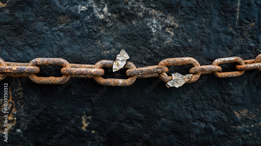 Close-up of rusty chain against dark, textured background, partially covered with fragments dried leaves Close-up of rusty chain against dark, textured background, partially covered with fragments dried leaves
