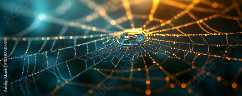 A Close-up of a Dew-Covered Spiderweb with a Single Droplet of Water in the Center, Illuminated by the Warm Light of the Setting Sun