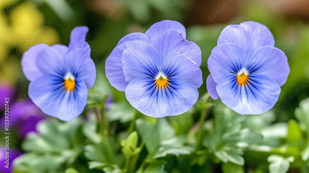 A cluster of blue blooms atop a verdant field of foliage and flowers A cluster of blue blooms atop a verdant field of foliage and flowers