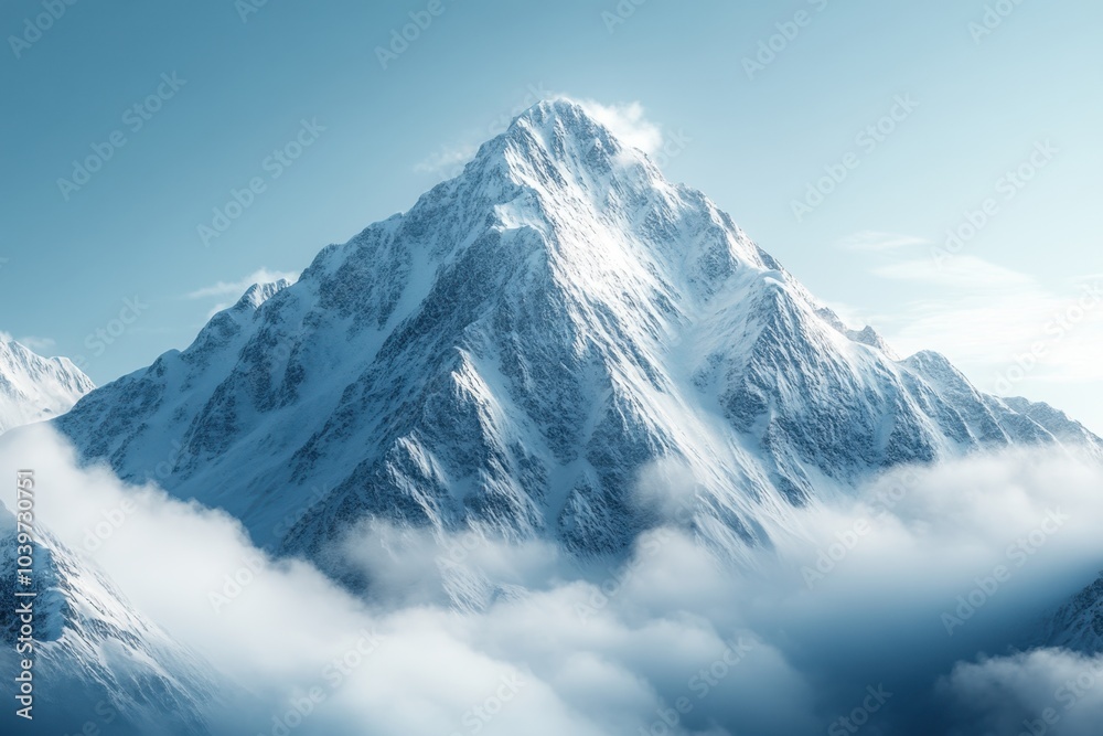 Snow-capped mountain peak towers above a sea of clouds in a clear blue sky during daytime Snow-capped mountain peak towers above a sea of clouds in a clear blue sky during daytime