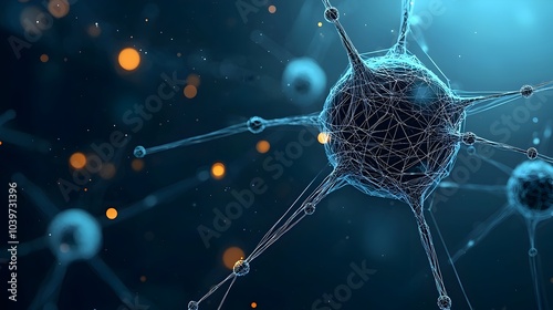 Glowing neuron network with intricate mesh lines connecting synapses in a futuristic digital abstraction showcasing the complex biological and technological aspects of the nervous system photo