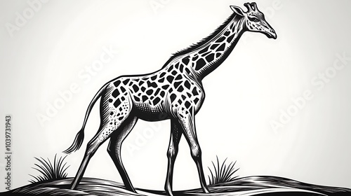 Graceful minimalist sketch of a giraffe standing with its neck gently curved, drawn with fine flowing lines on a clean white canvas, emphasizing height and grace, hd quality, smooth strokes,