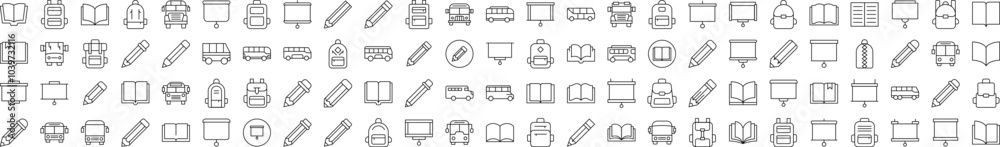Collection of Line Icons of Pen, Presentation Board, Bus, School Bag, Book. Editable Stroke. Minimalistic Linear Pictogram for Design of Cards, Apps, Banners, Posts Collection of Line Icons of Pen, Presentation Board, Bus, School Bag, Book. Editable Stroke. Minimalistic Linear Pictogram for Design of Cards, Apps, Banners, Posts