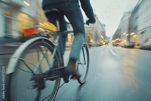 Man riding fast on bike bicycle on urban city street background in motion, long exposure blurry effect. Gentle means transport friendly to nature and environment. photo