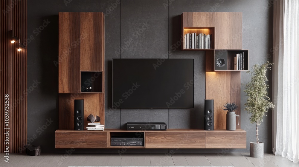 A functional and stylish wooden wall unit holding a TV, books, and speakers in a modern apartment setting A functional and stylish wooden wall unit holding a TV, books, and speakers in a modern apartment setting