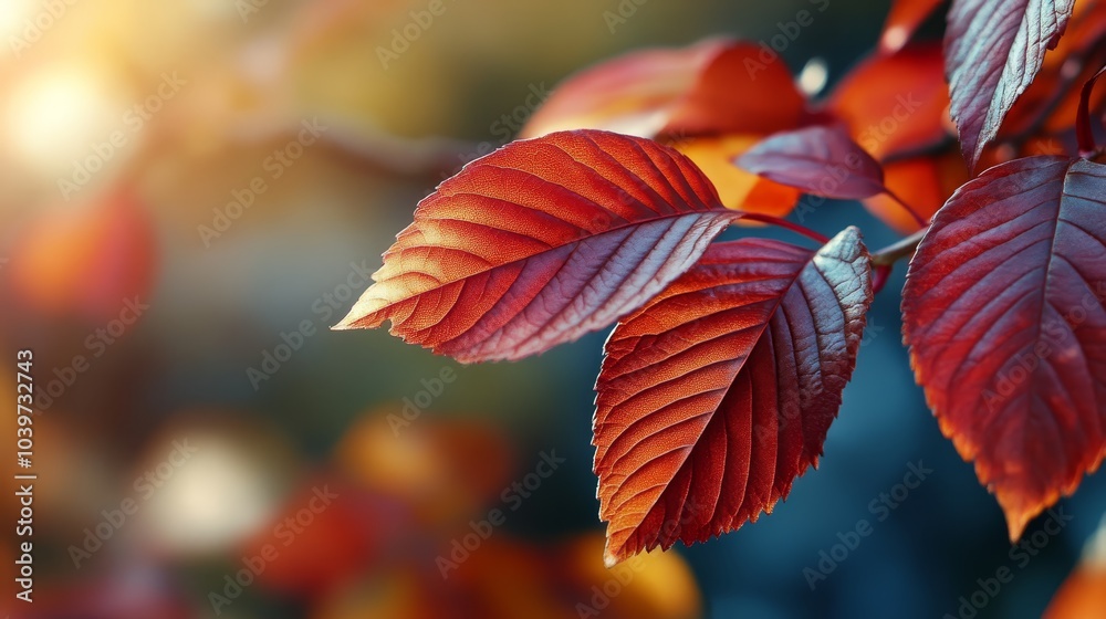  A red leaf, tightly framed, glows with sunlight filtering in between, backdrop softly blurred