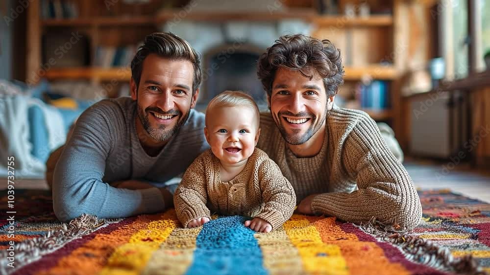 Two smiling fathers lie on a vibrant rug, happily engaging with their joyful toddler in a warm, inviting living space. Two smiling fathers lie on a vibrant rug, happily engaging with their joyful toddler in a warm, inviting living space.