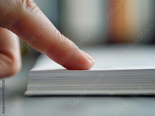 Close-up of a finger pressing on a stack of white papers, blurred background. Ideal for illustrating office work, paperwork, and administrative tasks.