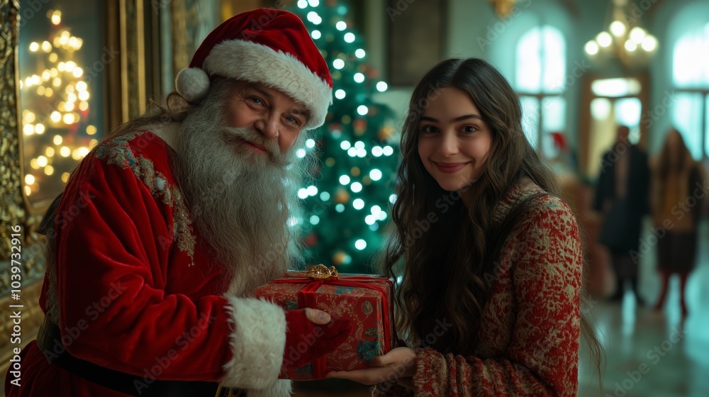 old father wearing Santa Claus costume happy together with is pretty daughter at home with Christmas tree light old father wearing Santa Claus costume happy together with is pretty daughter at home with Christmas tree light