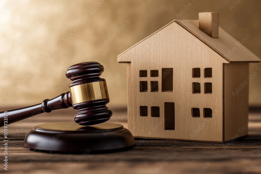 Apartment auction concept with a gavel and house model, representing the process of real estate transactions through bidding Apartment auction concept with a gavel and house model, representing the process of real estate transactions through bidding