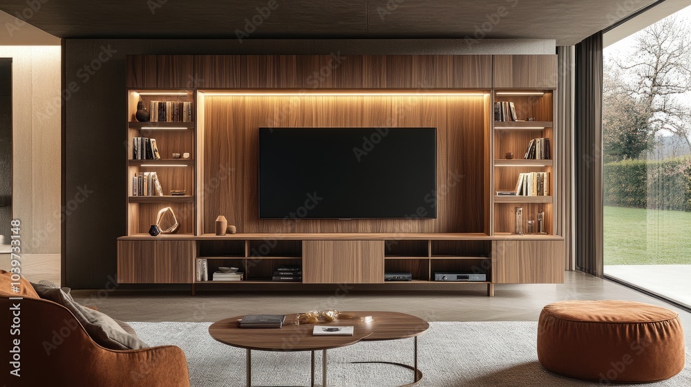 Fototapeta premium A sleek living room setup featuring a wooden wall unit with a mounted TV and neatly organized bookshelves
