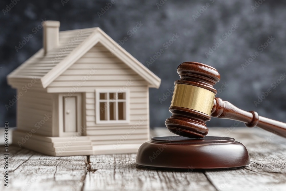 Apartment auction concept with a gavel and house model, representing the process of real estate transactions through bidding Apartment auction concept with a gavel and house model, representing the process of real estate transactions through bidding