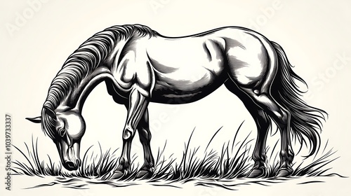 Graceful minimalist sketch of a horse grazing, head bowed down, drawn with fine flowing lines on a clean white canvas, emphasizing the peaceful and natural stance, hd quality, smooth strokes, photo