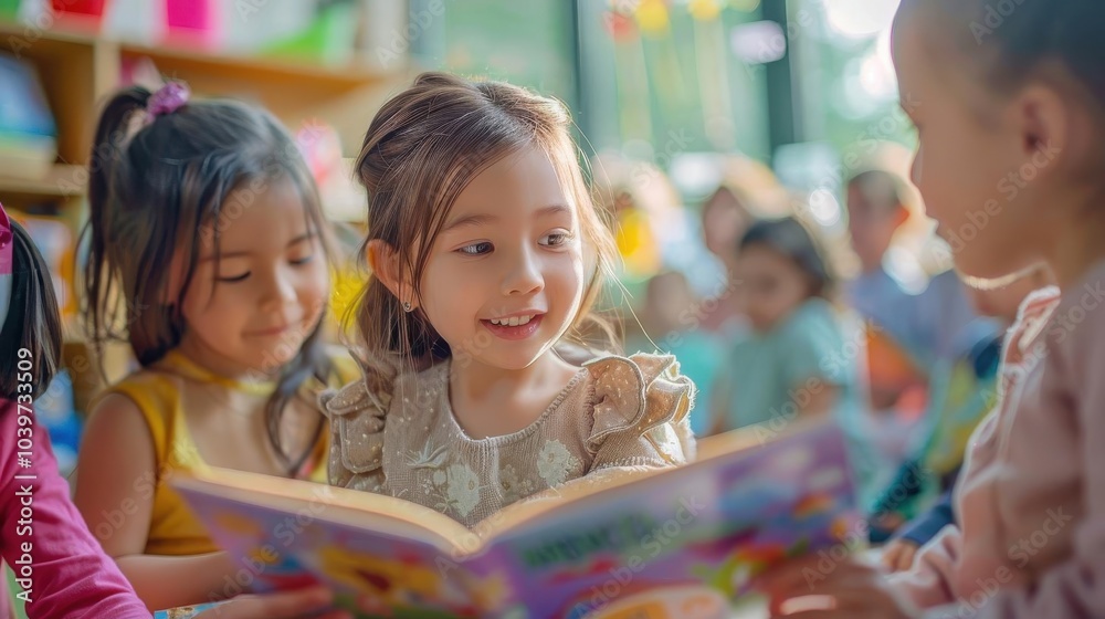 Fototapeta premium Group of young children reading together in a colorful classroom, smiling and interacting with a picture book.