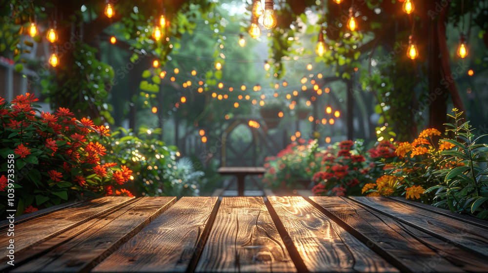 lush outdoor cafe with hanging plants soft focus background rustic wooden table in foreground for product placement lush outdoor cafe with hanging plants soft focus background rustic wooden table in foreground for product placement