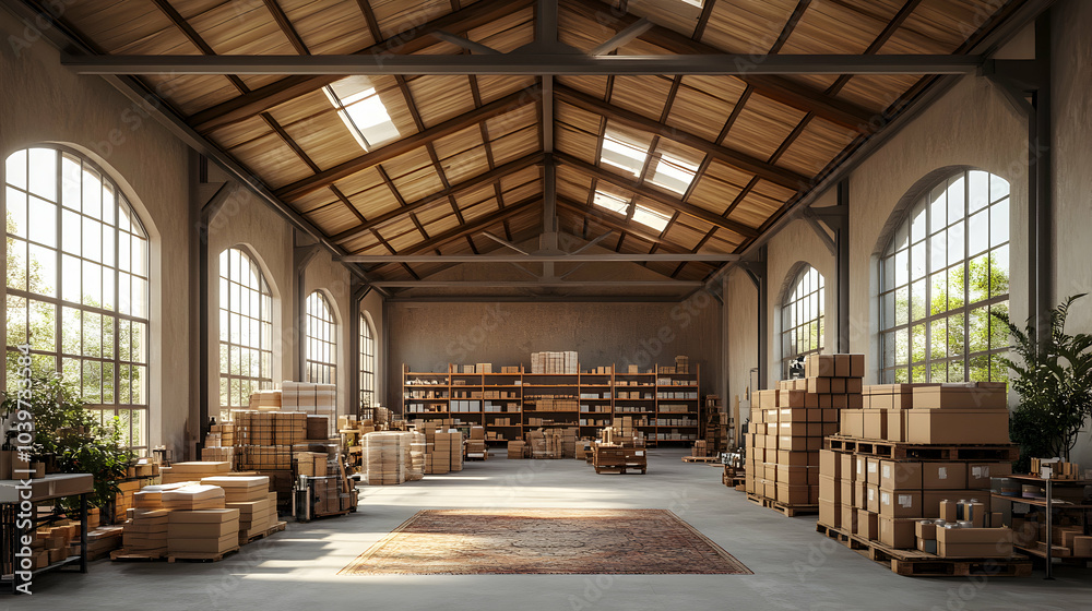 Spacious Industrial Warehouse with Large Windows and Stacked Cardboard Boxes on Wooden Pallets, Sunlight Shining through the Roof Skylights,  3D Rendering of a Modern Interior Design