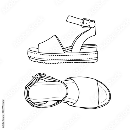 Women's ankle strap wedge with buckles studded wedge sandal line art. Technical sketch hand drawing outline vector doodle illustration, isolated on a white background