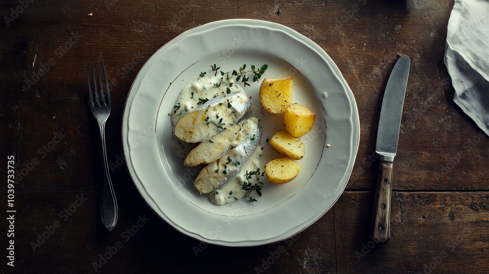 A white plate with baked fish and potatoes, topped with a creamy sauce and fresh thyme, on a rustic wooden table.