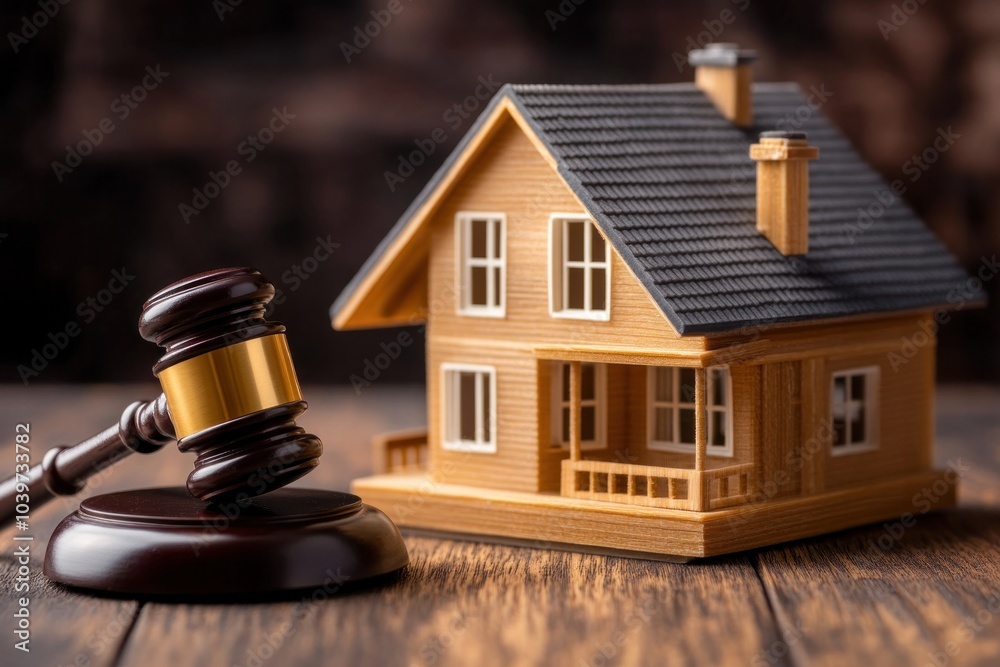 Auction for apartment sale with gavel and house model, showcasing a formal real estate transaction process
