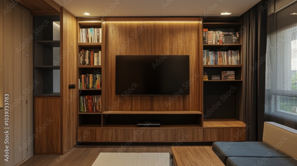 Fototapeta premium Minimalist interior featuring a wooden wall unit with a wall-mounted TV and organized bookshelves