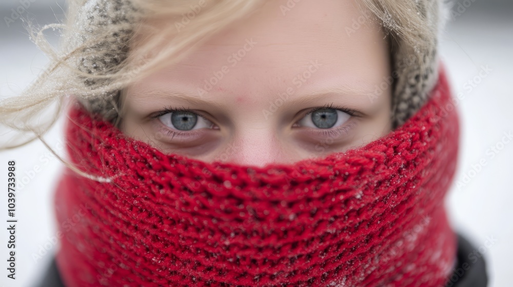 A woman's face is partly hidden by a red knitted scarf in this close-up shot Her hair billows in the wind A woman's face is partly hidden by a red knitted scarf in this close-up shot Her hair billows in the wind