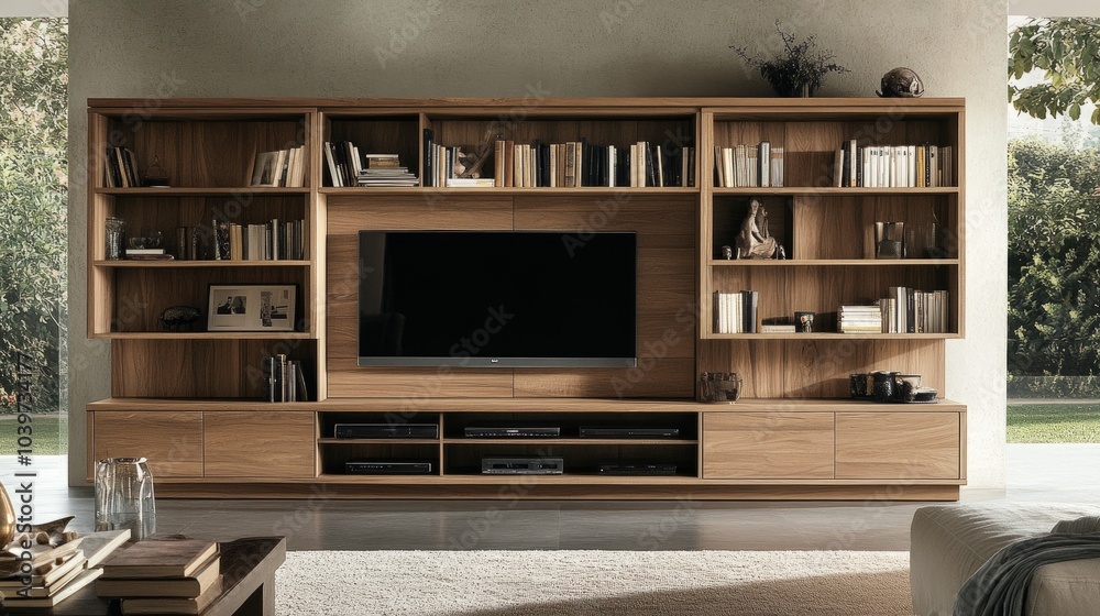 Wooden wall unit combining functionality and aesthetics with a TV, bookshelves, and tasteful decorations Wooden wall unit combining functionality and aesthetics with a TV, bookshelves, and tasteful decorations
