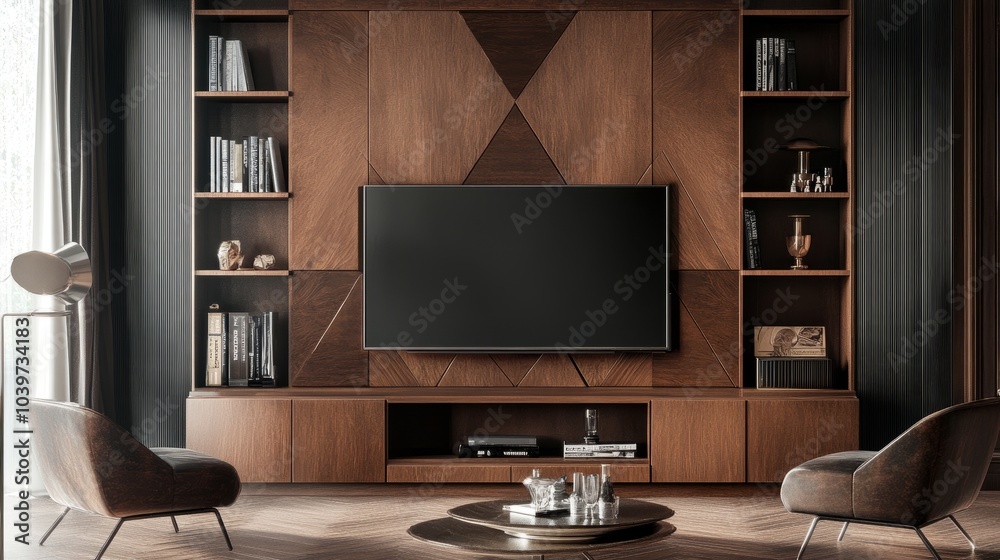Fototapeta premium Wooden wall unit combining functionality and aesthetics with a TV, bookshelves, and tasteful decorations