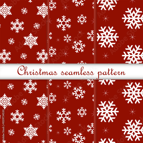 A set of seamless patterns with snowflakes on a red background. Cute vector illustration for Christmas and New Year holidays. A template suitable for the design of textiles, packaging and wallpapers,