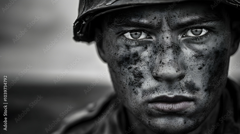 A Close-Up Portrait of a Dirty Soldier with a Determined Gaze, Capturing the Harsh Realities of War. A Close-Up Portrait of a Dirty Soldier with a Determined Gaze, Capturing the Harsh Realities of War.
