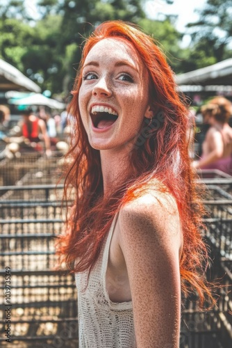 Redhead Joy at the Market: A vibrant young woman with fiery red hair and freckles laughs freely at a bustling outdoor market. photo