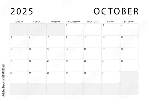 October 2025 monthly planner. Calendar template. Sunday start. Vector design