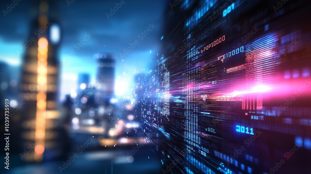 Fototapeta premium speed blur modern urban cityscape with high rise buildings shimmering glowing with bokeh light, futuristic and modern civilization abstract background
