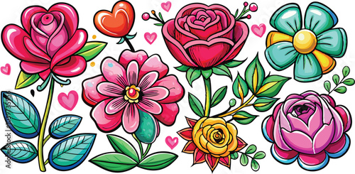 Different valentine flowers stickers vector illustration isolated on white background