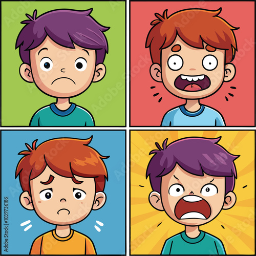 Happy sad angry and exciting panels comic caricature about a children vector illustration on transparent background