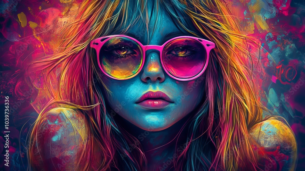 long blonde hair, blue shirt; accessorizes with pink sunglasses long blonde hair, blue shirt; accessorizes with pink sunglasses