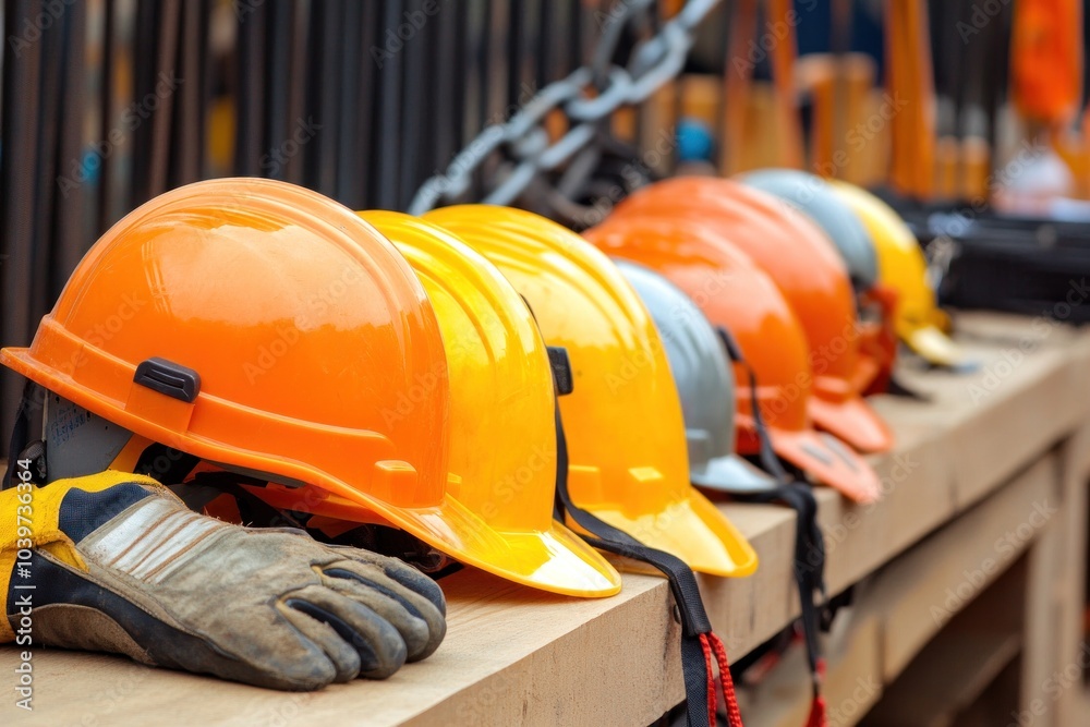 Construction safety equipment, with workers using helmets, gloves, and ...
