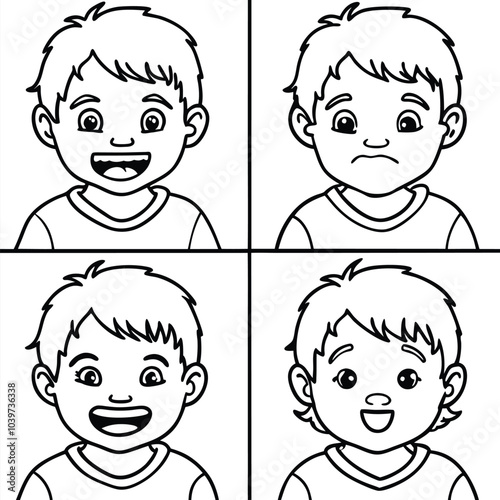 Happy sad angry and exciting panels comic caricature of a children vector illustration isolated on transparent background