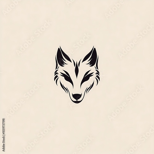 A stylized black and white illustration of a fox's head, with a minimalist design on a white background. photo