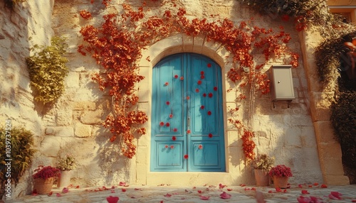 A charming home entrance with a blue door, featuring beautiful architectural details and cozy outdoor lighting