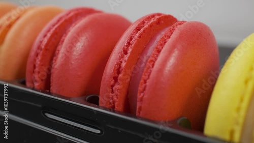 Close-up of macaroon cookies from almond dough. Traditional french desserts. 