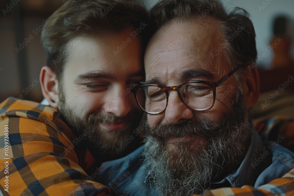 Hipster son and senior father bonding at home joyfully. Hipster son and senior father bonding at home joyfully.