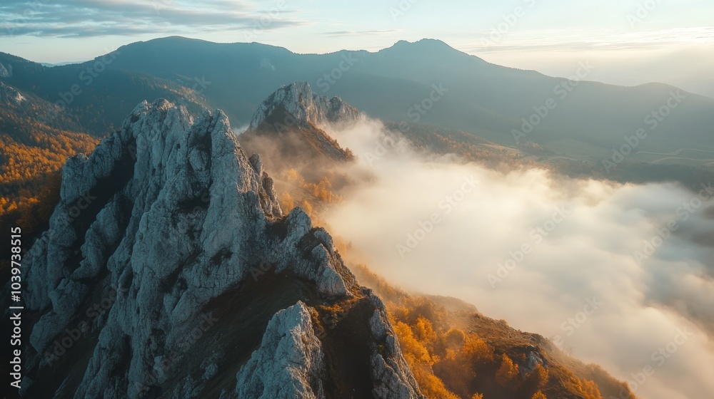 Aerial view of a mountain range with clouds rolling over the peaks during sunrise. Aerial view of a mountain range with clouds rolling over the peaks during sunrise.