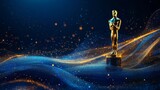 Blue award background with golden lines and abstract shape of the cinema awards statue for sunset light, elegant presentation design background