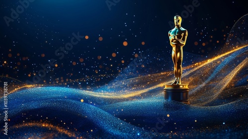 Blue award background with golden lines and abstract shape of the cinema awards statue for sunset light, elegant presentation design background photo