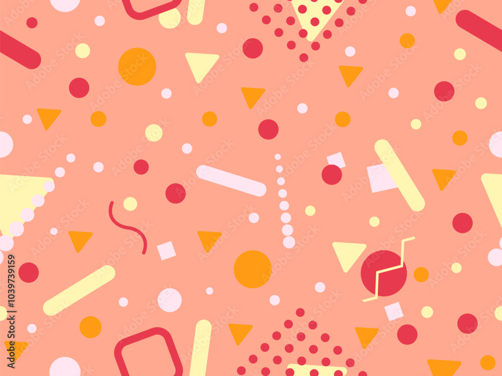 Geometric seamless pattern with memphis elements in 80s style. Colorful geometric pattern. Design of promotional products, wrapping paper and printing. Vector illustration Geometric seamless pattern with memphis elements in 80s style. Colorful geometric pattern. Design of promotional products, wrapping paper and printing. Vector illustration