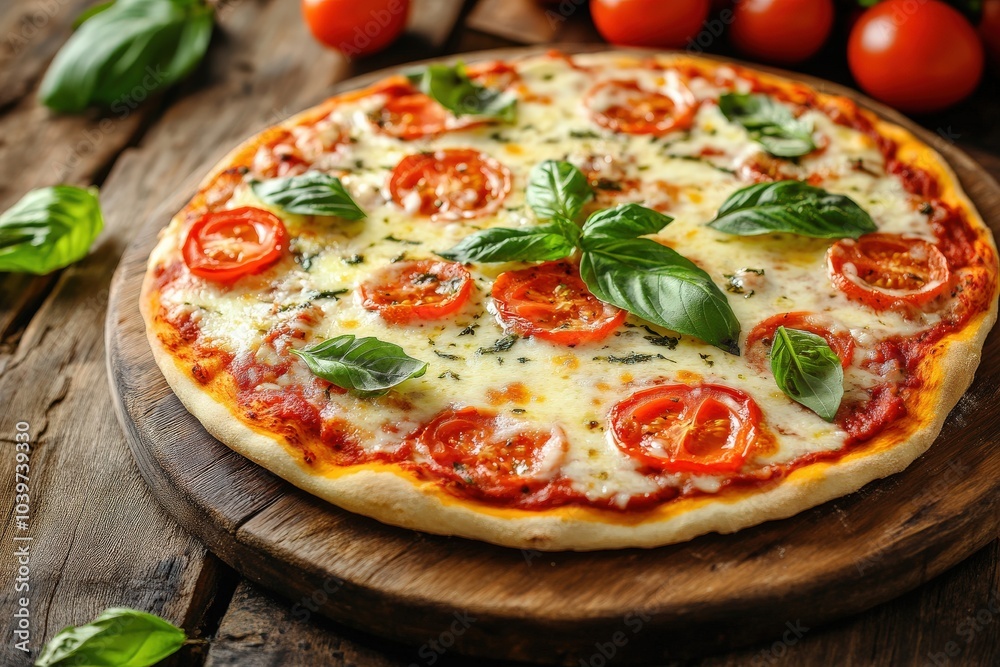 Margherita Pizza - Traditional Italian Snack garnished with Fresh Basil Margherita Pizza - Traditional Italian Snack garnished with Fresh Basil